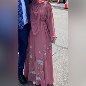 Dusty Rose Embellished Abaya – Hand-Beaded Floral Design (front and back)